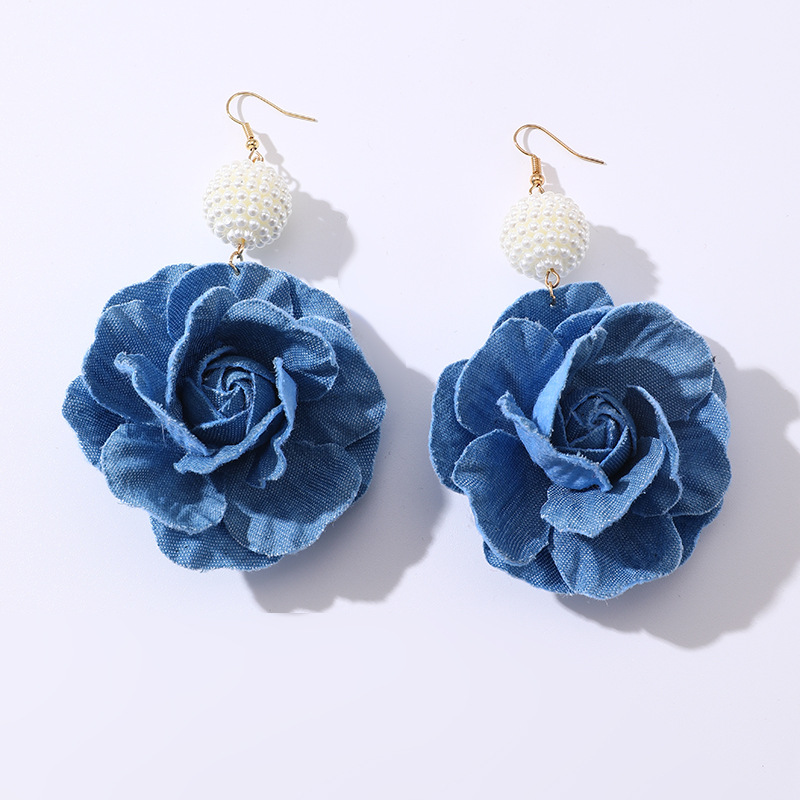 EZ5074 Women's Earrings Camellia Denim Blue Cloth New Women's Ear Accessories