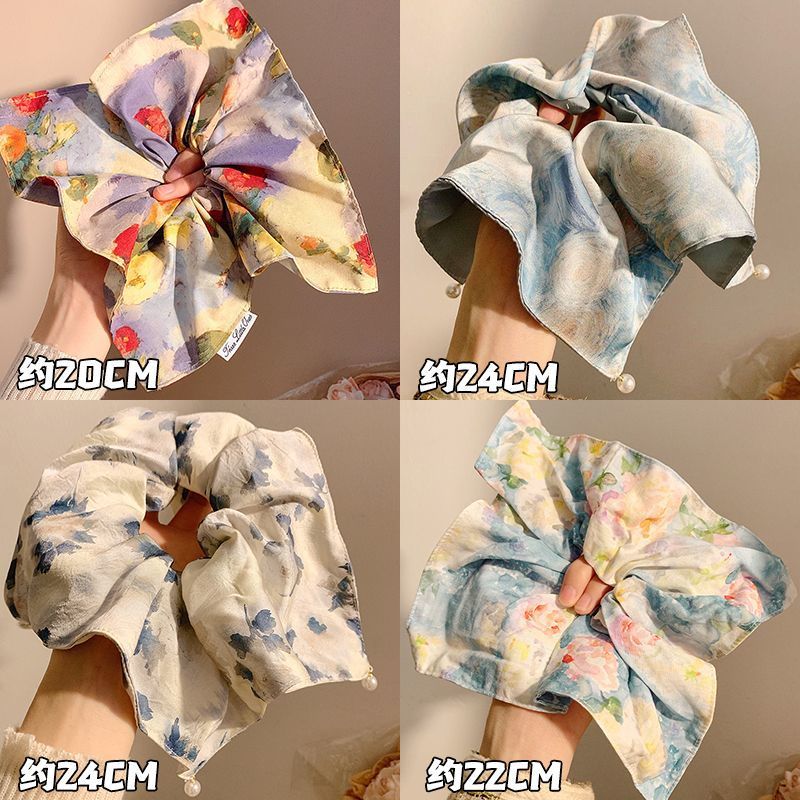 Oil painting texture square scarf hair tie new durable elastic hair accessory