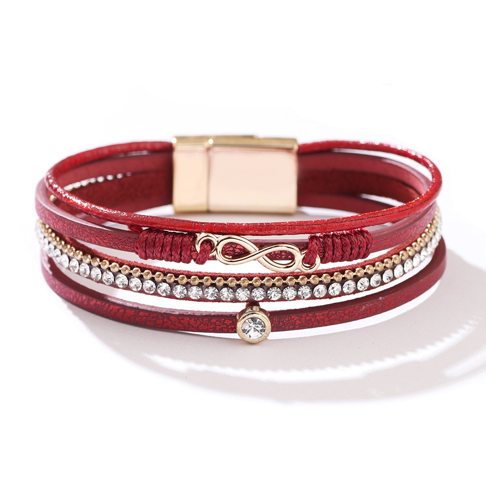 Bohemian Cross Bracelet with Micro Rhinestones Magnetic Buckle PU Leather Bracelet