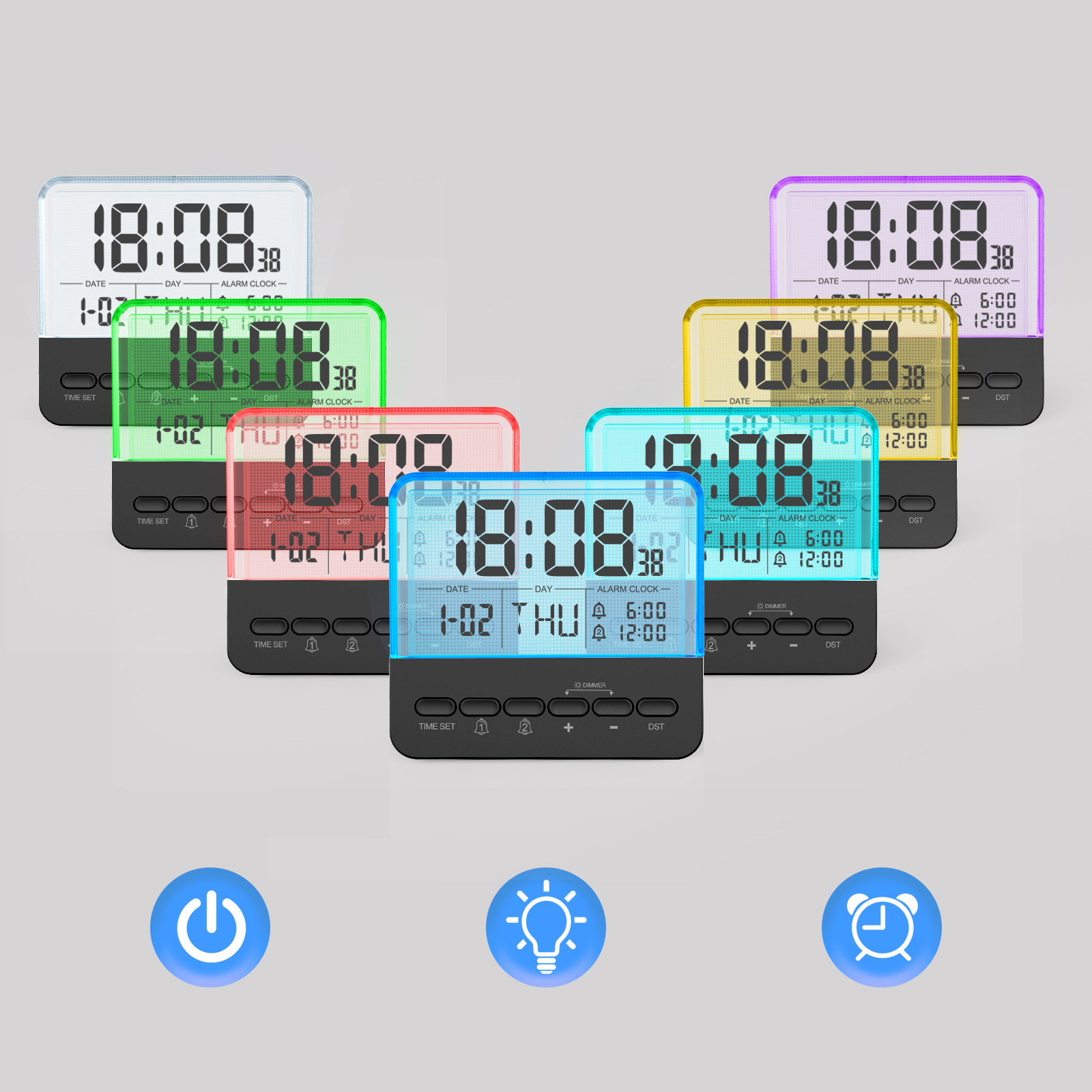 New Transparent Glass Clock LCD Seven-Color Changing Night Light Electronic Alarm Clock Large Screen Bedroom Bedside Clock
