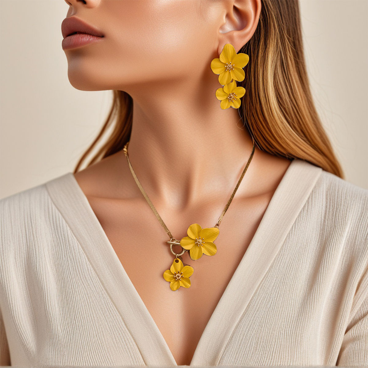 Bohemian Style Double Flower Earring Necklace Set Fresh Baked Paint Flower Jewelry Accessories