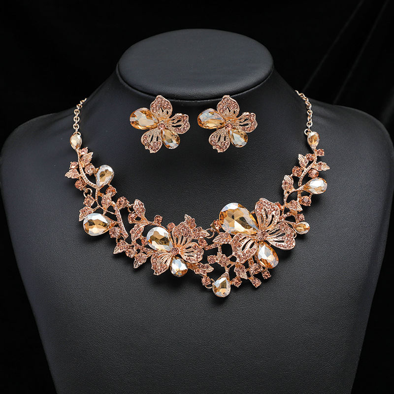 Exaggerated Necklace Earring Set Women Alloy Chain Flower Bride Accessories