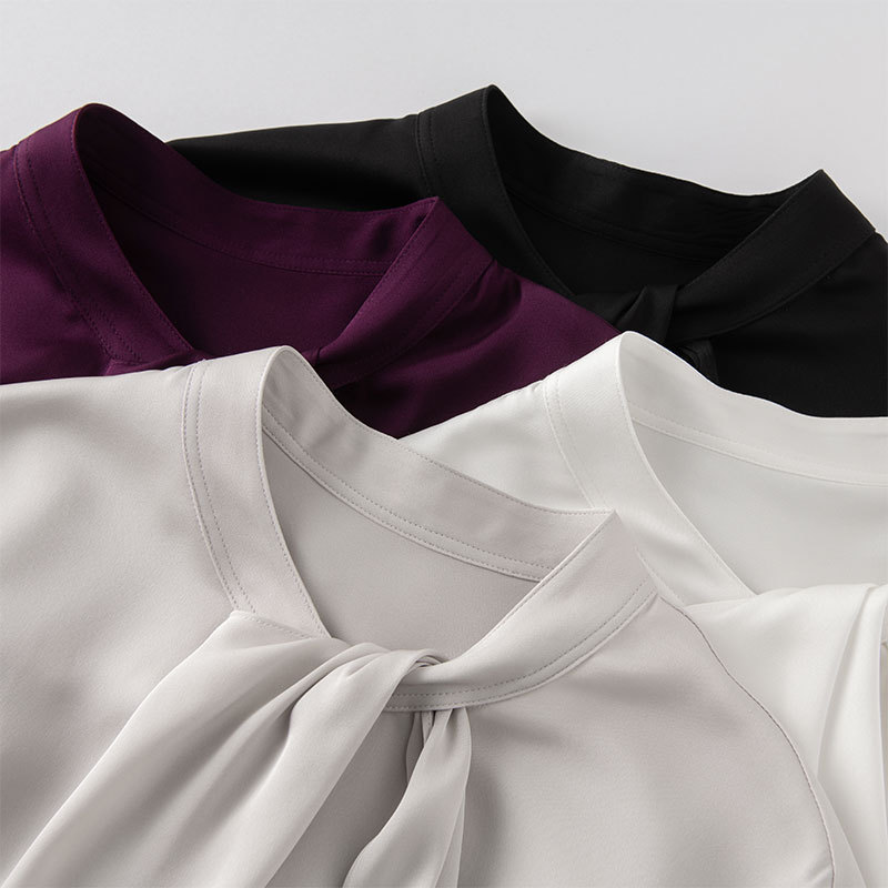 New Silk Blouse for Women Spring Long Sleeve Tie Mulberry Silk Shirt Mid-Length Solid Color Top