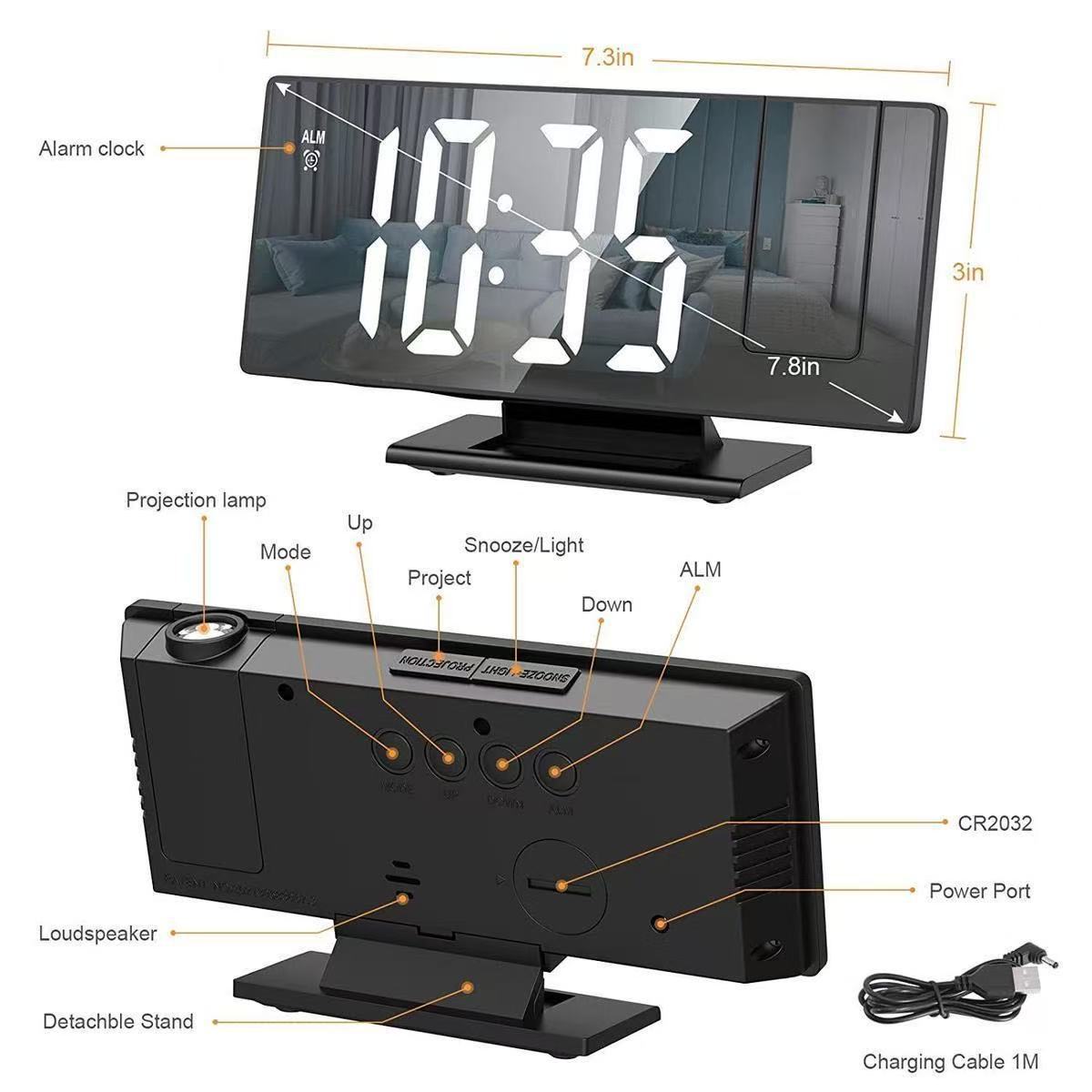 New Mirror Projection Alarm Clock Large Screen Display Silent Snooze Electronic Clock Multifunctional Smart Digital Glow Desk Clock