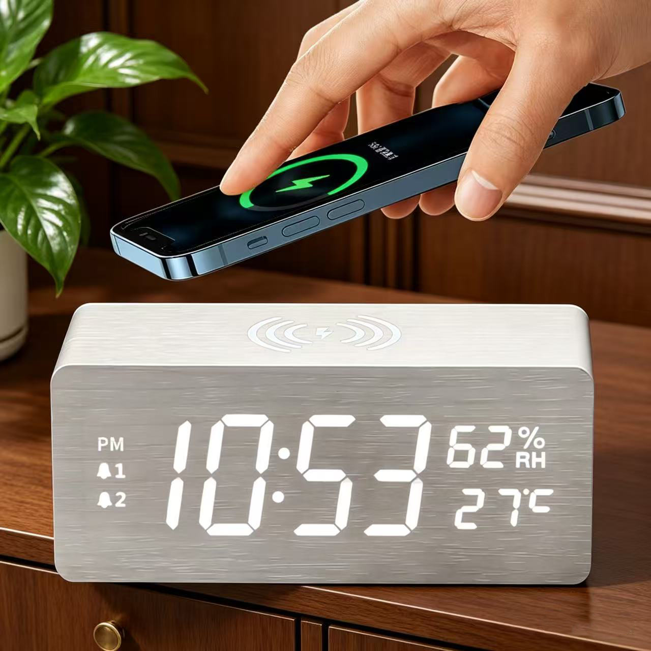 Perpetual Calendar Atmosphere Clock 15W Fast Charging Wooden Temperature and Humidity Wireless Charging Snooze Night Light Clock Multifunctional Electronic Clock