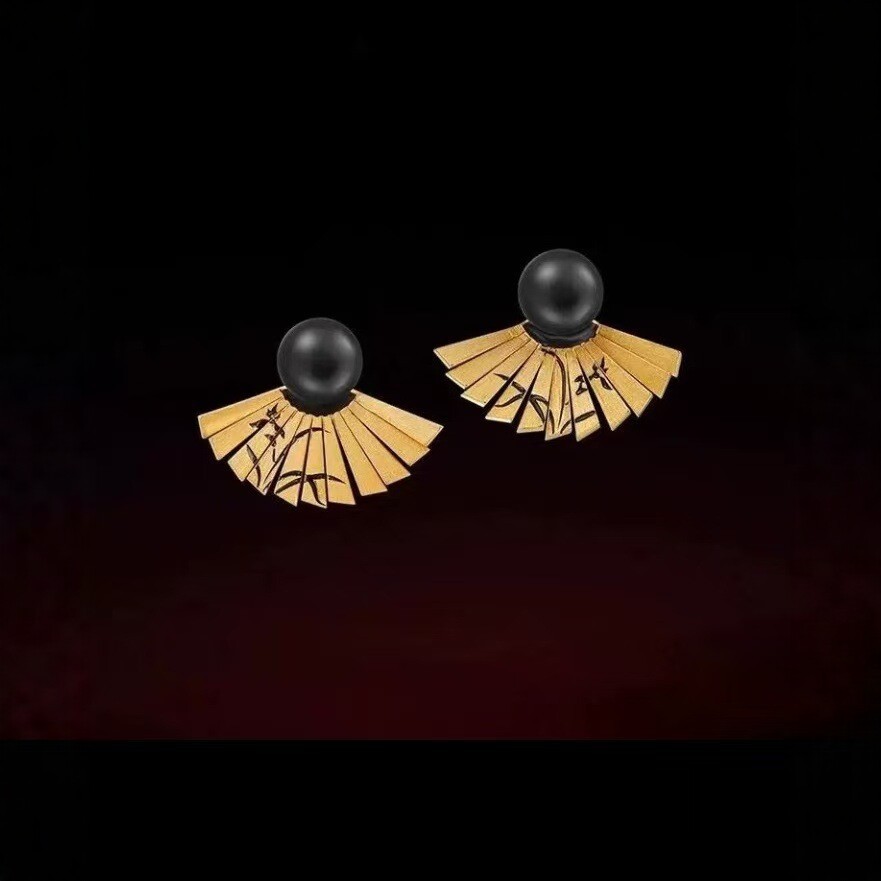 New Chinese-style fan-shaped branch earrings for women national style gold earrings wedding ear accessories stud earrings