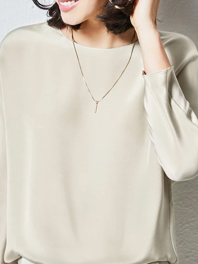 Heavyweight Mulberry Silk Top Women 2026 Early Autumn New SS826 Seven-Quarter Sleeve Round Neck Solid Color Silk Shirt