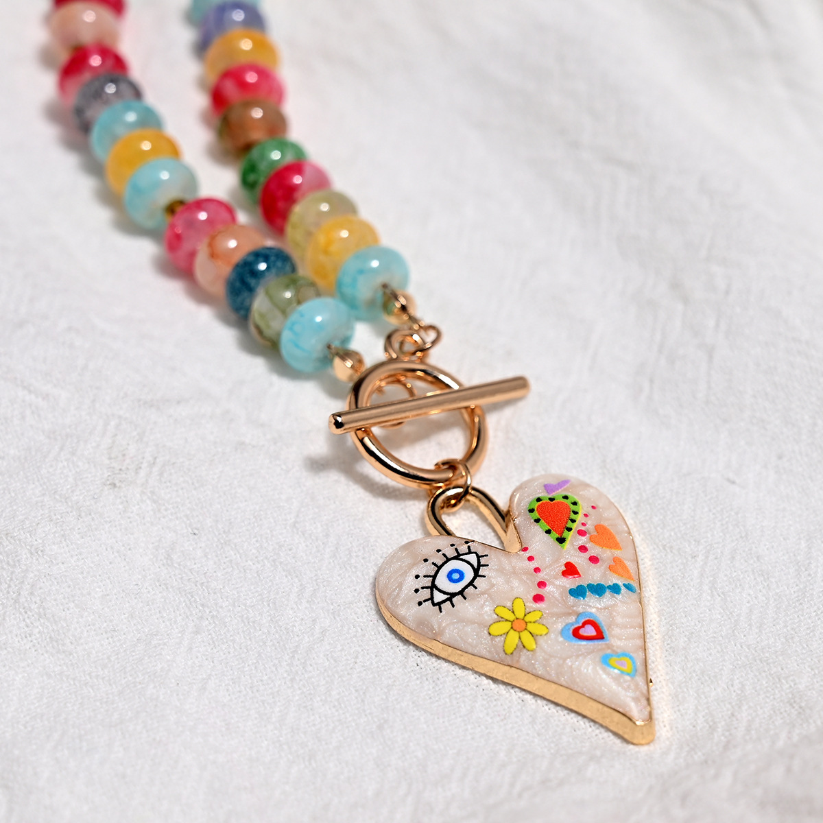 Accessories Mixed Color Glass Bead Necklace for Women Heart Pendant Handmade Bead Choker Necklace