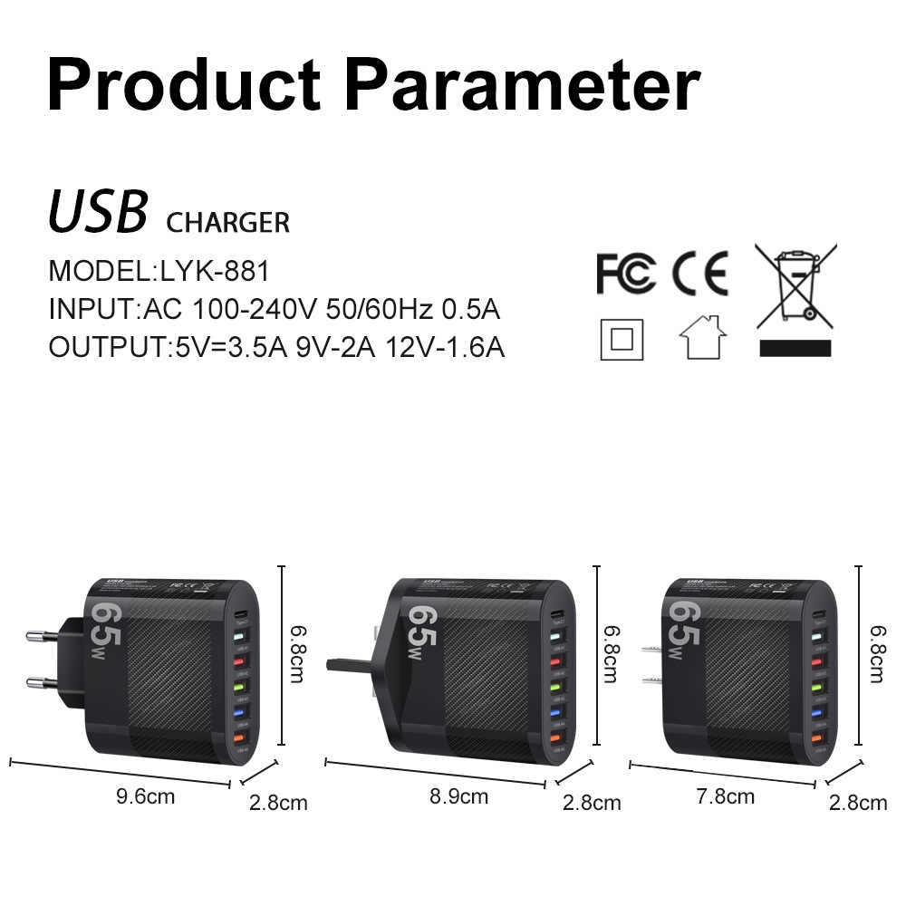Marked 65W 5USB+Type-c Phone Charger Multi-port Charger UK Plug