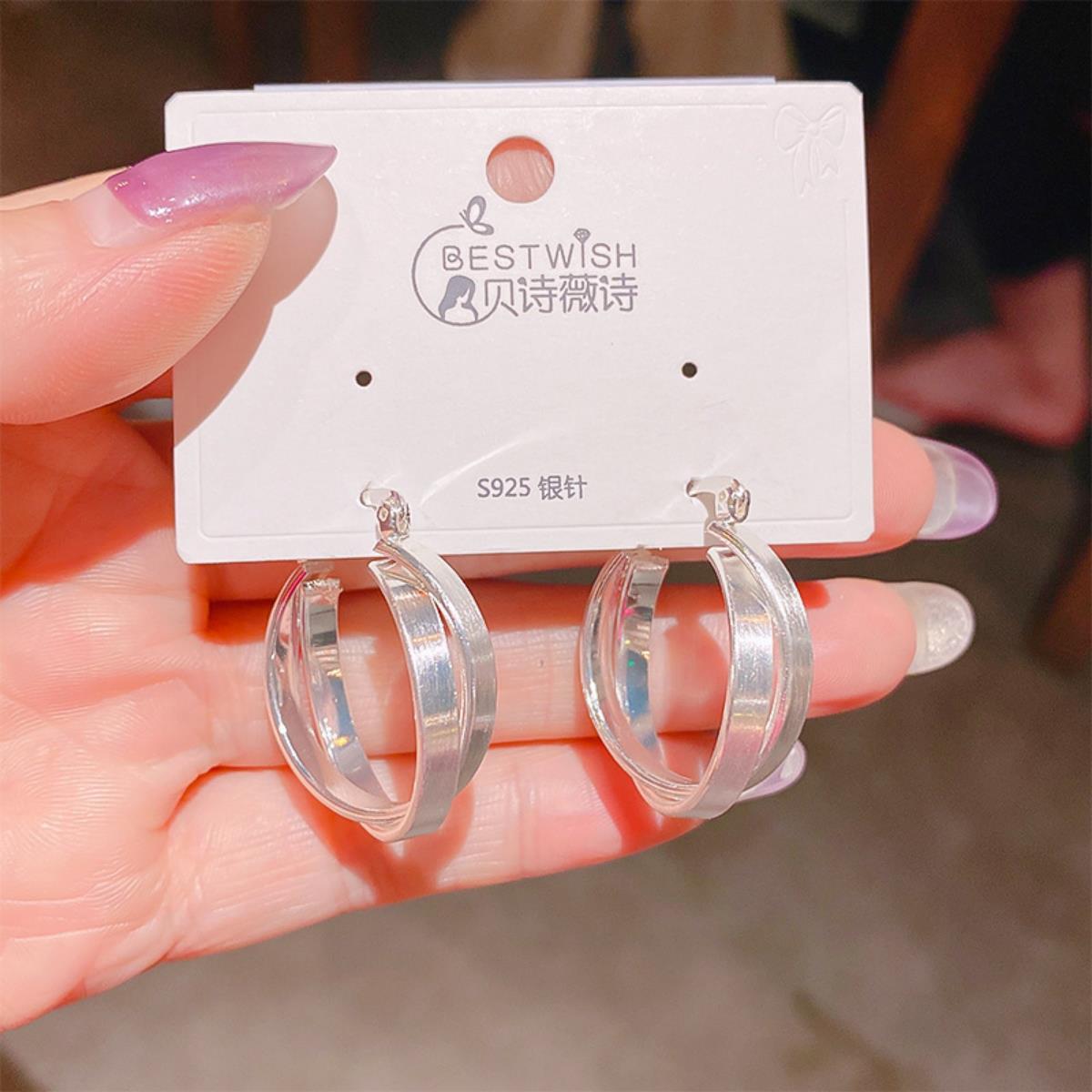 [Geometric smooth] Gold-plated quality circle smooth silver needle earrings, cool square earring accessories
