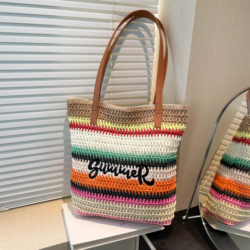 2026 new straw woven bag women's large capacity shopping bag striped letter beach bag embroidered handbag