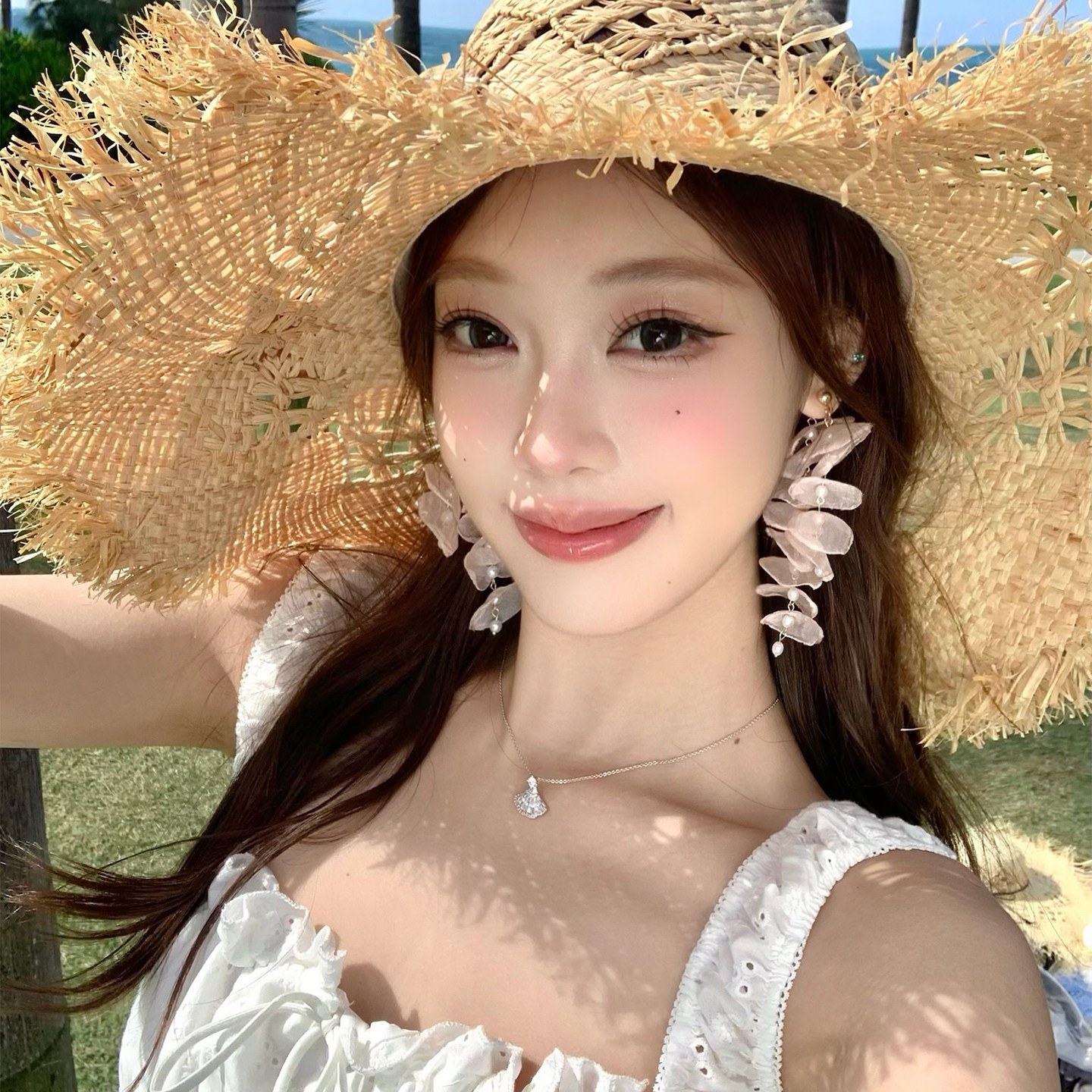 粉色网纱花朵流苏耳环
