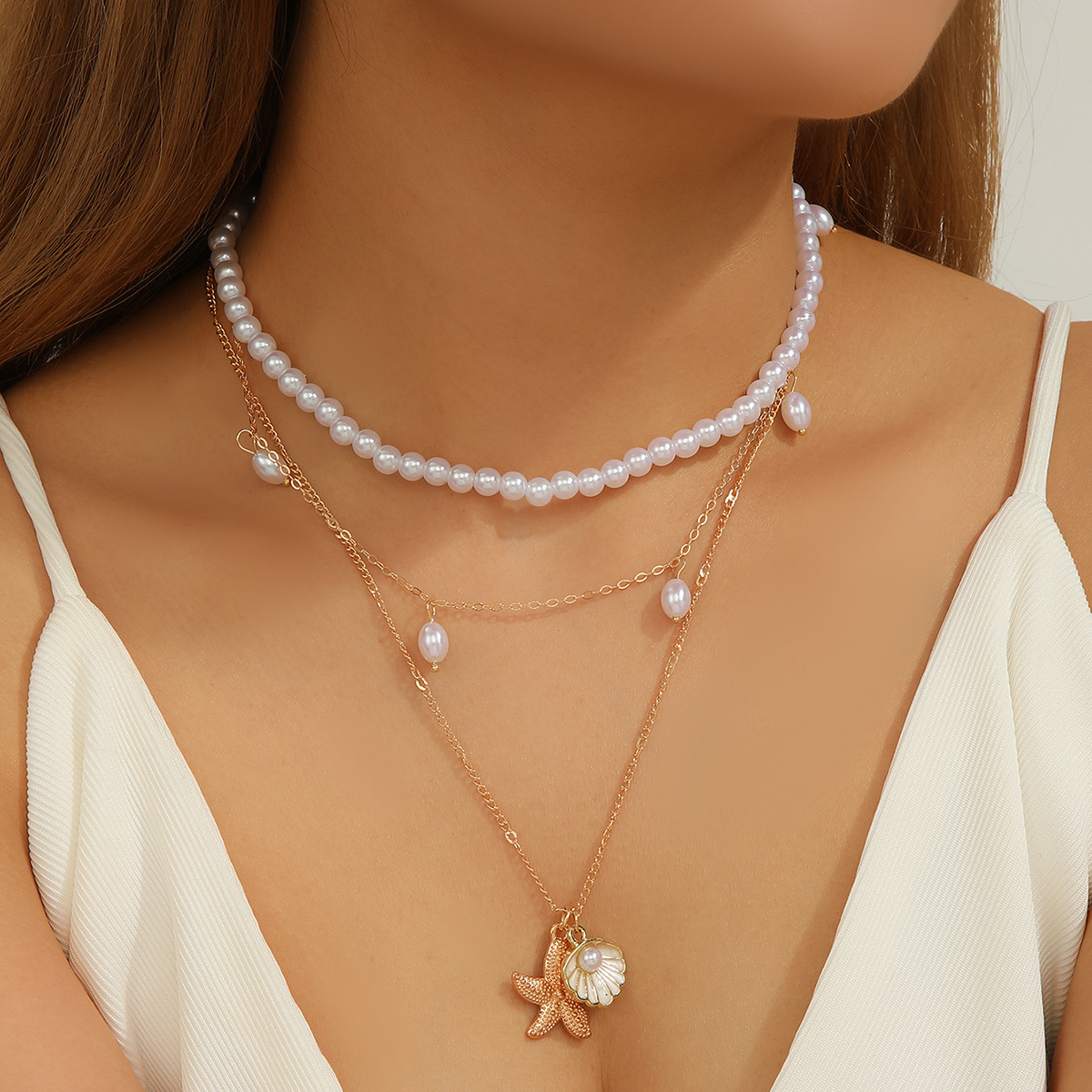 New Sea Star Shell Pearl Pendant Necklace Small Clavicle Chain for Women