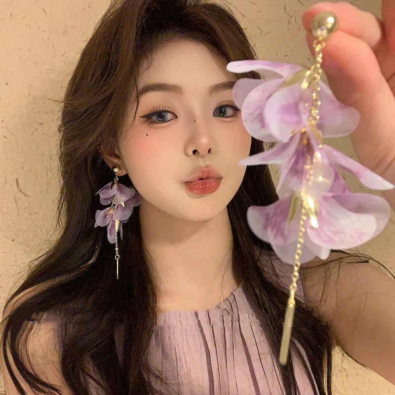 Fresh Pastoral Style Organza Gradient Petal Tassel Earrings Ear Accessories Earrings