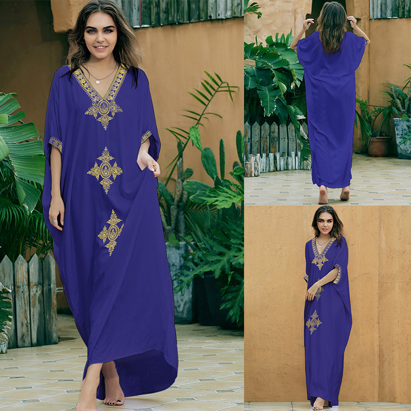 New Rayon Gold Embroidery Long Dress Beach Jacket Sun Protection Bikini Cover Up Swimsuit Outer Women