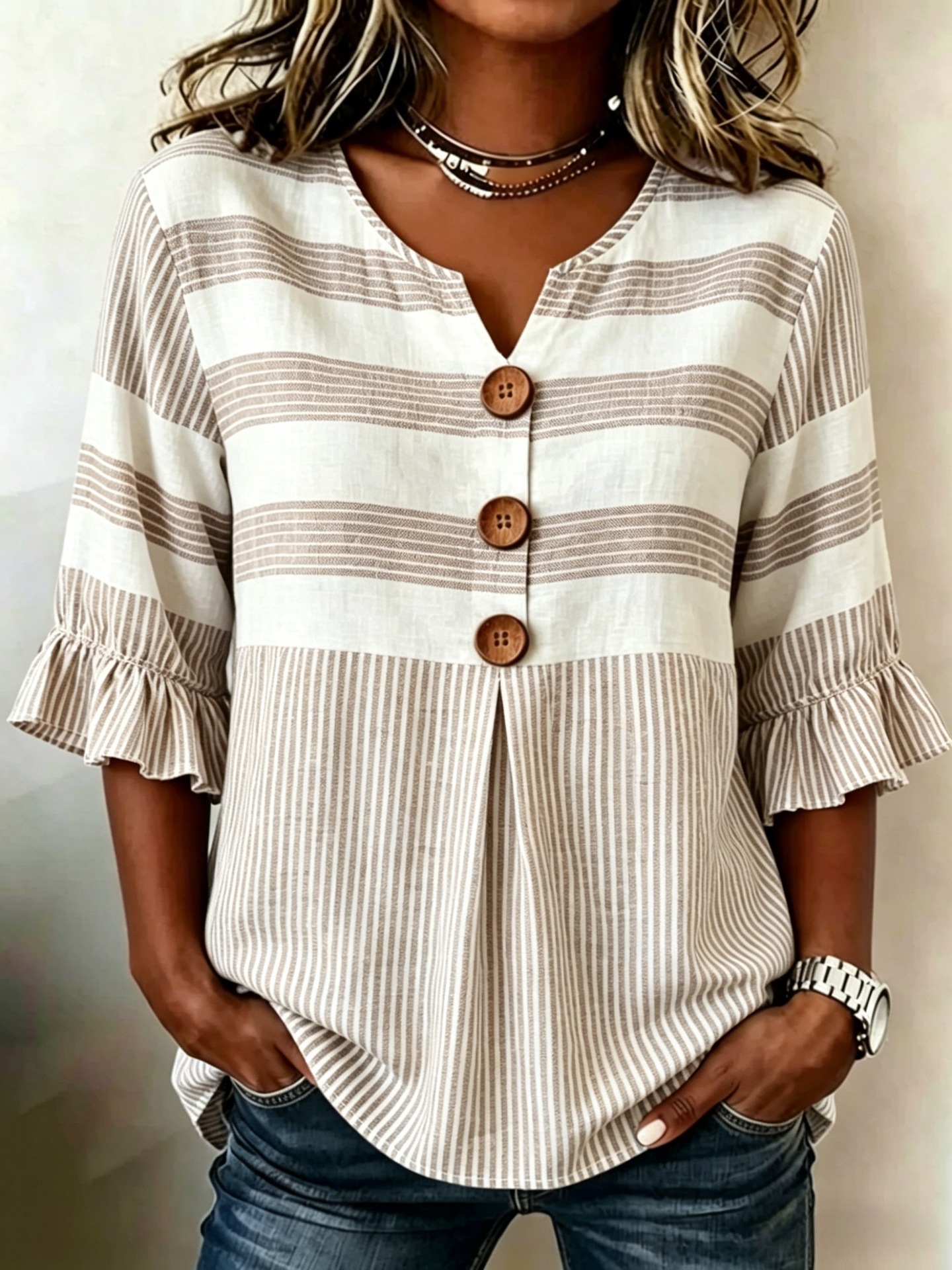 2026 Independent Station Summer New Plaid Striped Print Half Sleeve Button Top