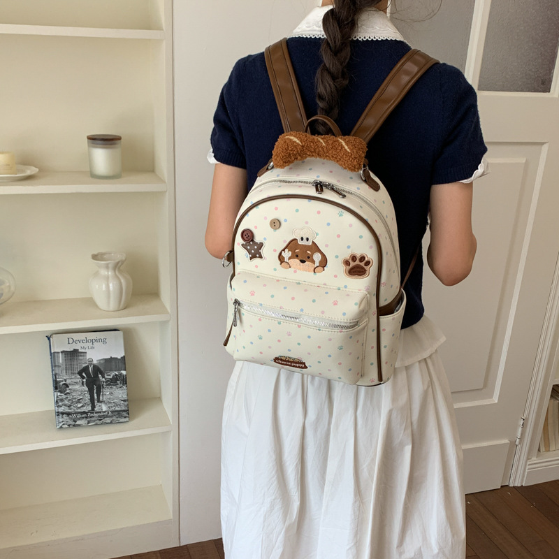 2026 New Cartoon Chef Dog Polka Dot Backpack for Women Cute Embroidery Student School Bag Large Capacity Commute Backpack