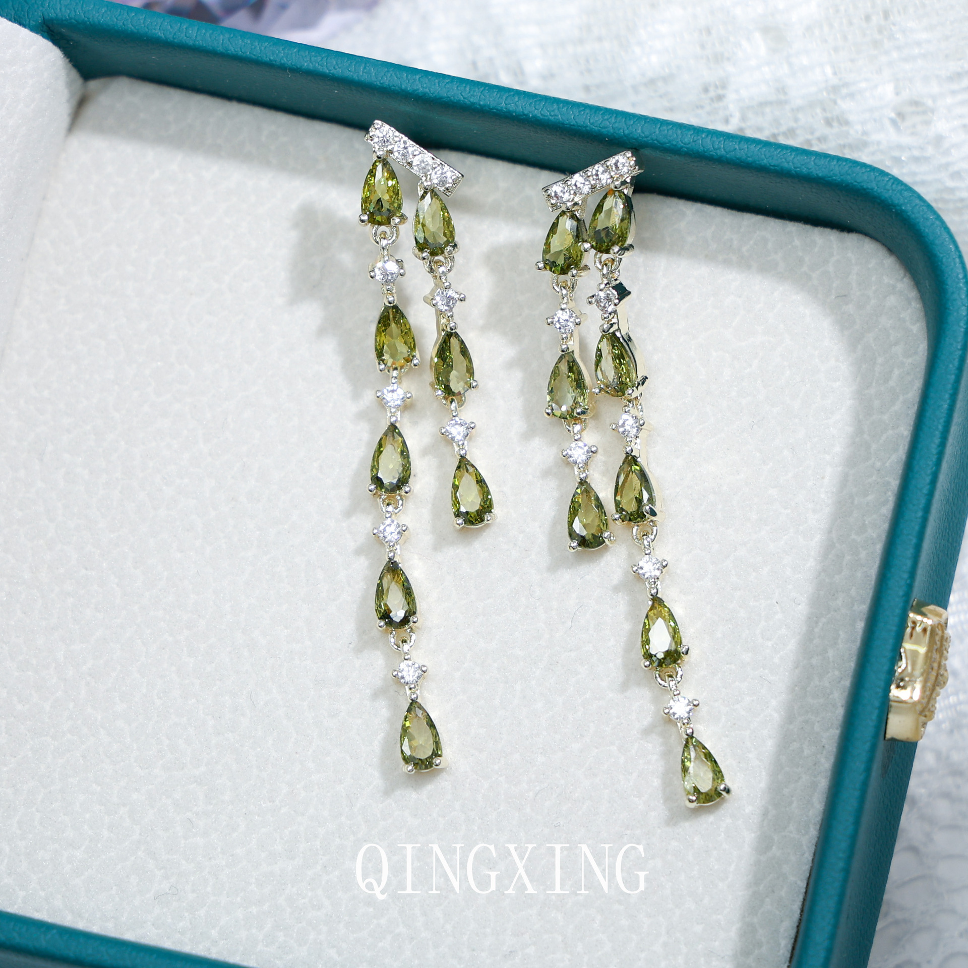 Fresh Small Olive Green Zirconia Tassel Earrings Long Drop Earrings Women's Ear Jewelry