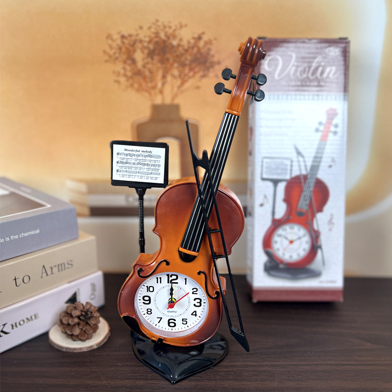 ZH888 Student Desktop Ornament Clock Large Violin Plastic Alarm Clock Couple Friend Classmate Gift