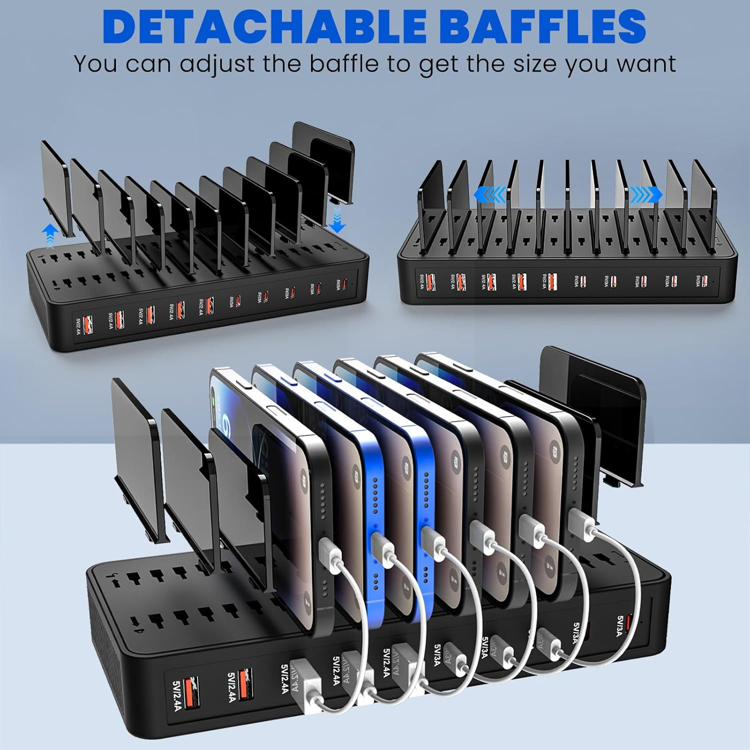 60W Multi-Port USB Desktop Organizer Fast Charger 10-Port with Stand Smart C Port PD QC Fast Charge