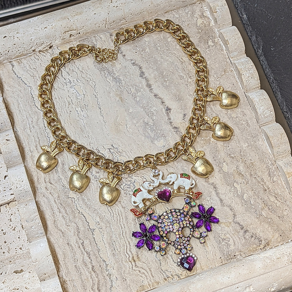 Retro Vintage Elephant Apple Floral Exaggerated Colored Diamond Punk Skull Necklace