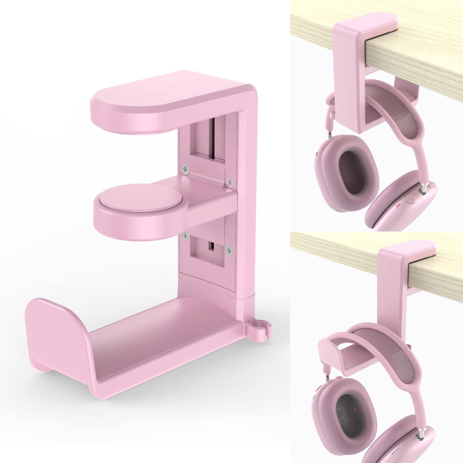 Gaming headset headphone hook stand with adjustable rotating arm clip, under-desk design