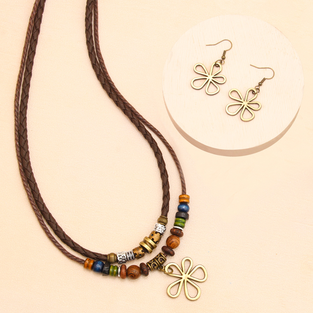 Five-leaf Clover Beaded Wax Rope Necklace Sweater Chain Earring Necklace Set