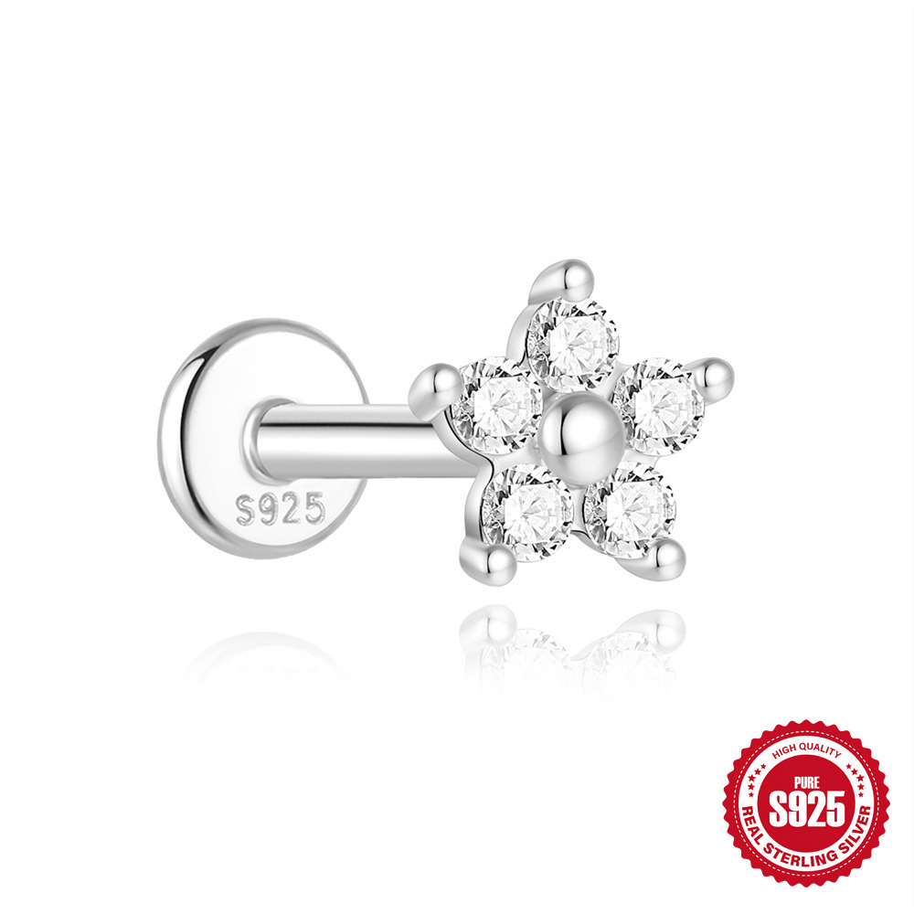 New S925 sterling silver four-claw moissanite flat head threaded cartilage ear stud ear bone stud