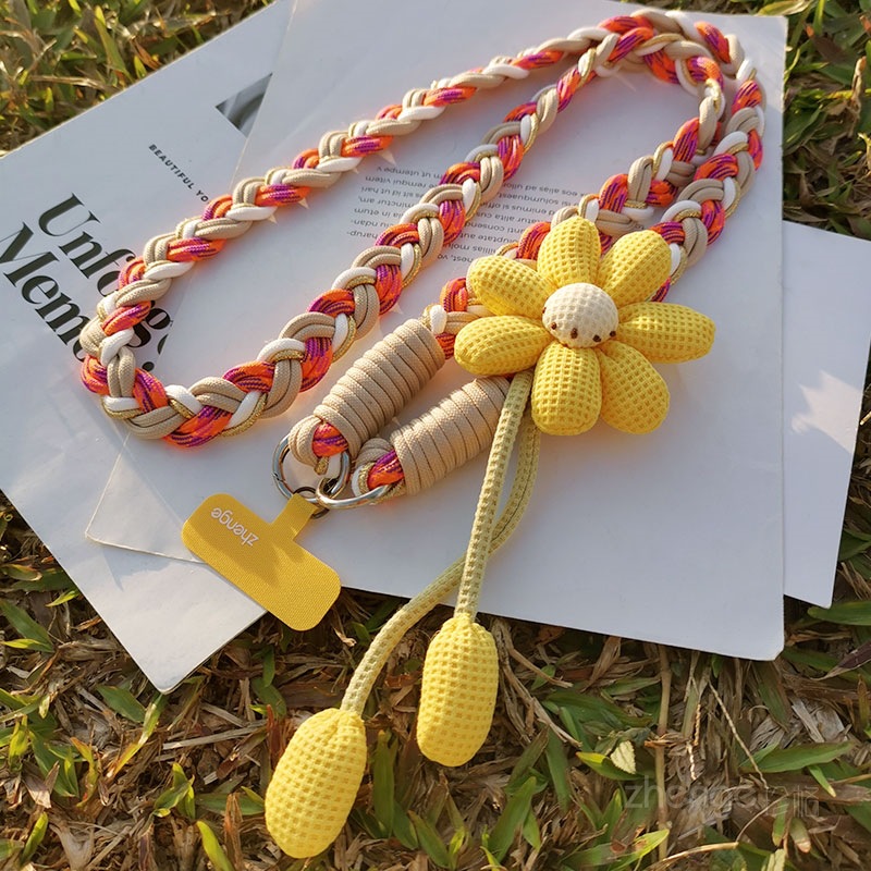 Phone strap crossbody wearable women's long flower handmade braided rope sturdy durable outdoor anti-loss rope