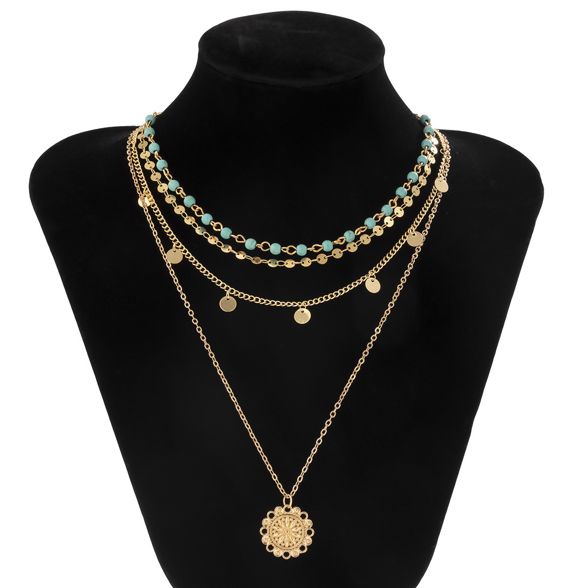 Jewelry Ethnic Style Turquoise Collar Necklace Women Simple Metal Flower Disc Sequins Necklace
