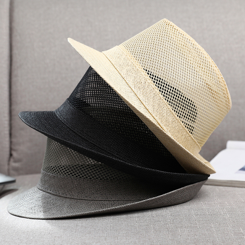 Hat Summer Men's Small Fedora Straw Brim Polyester Mesh Breathable Hollow Sun Protection Rolled Brim Sun Hat