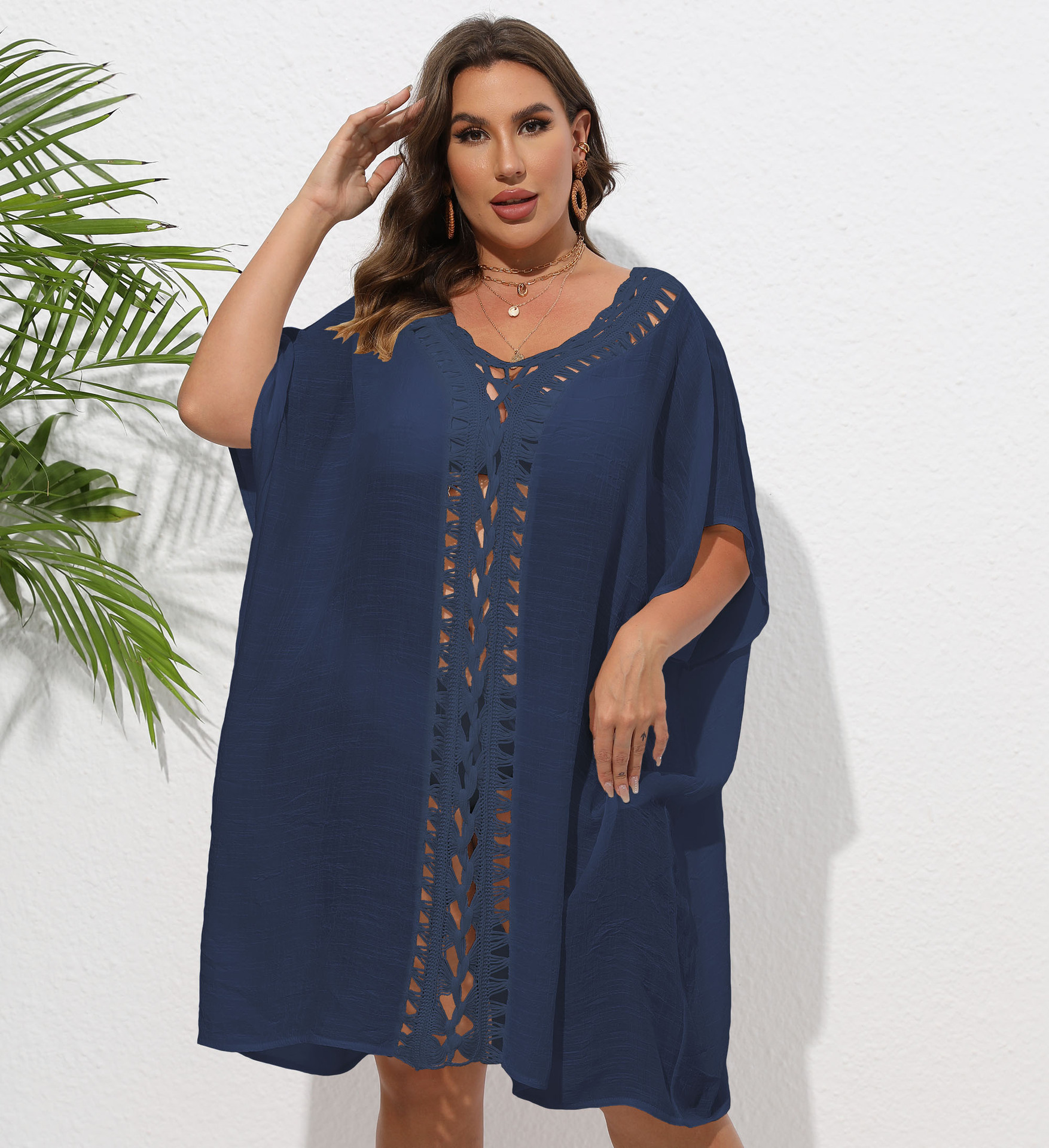 Women's Dress Plus Size Hand-Crocheted Lace-Up Loose Beach Bikini Outer Cover-Up