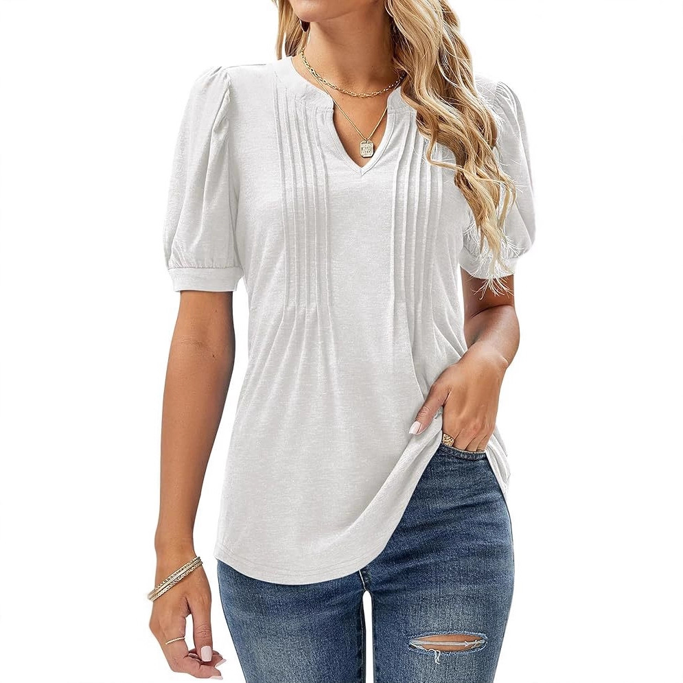 2026 Women's V-Neck Bubble Short Sleeve Pleated T-Shirt Women's Casual Top