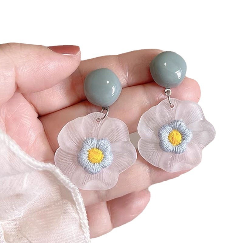 Dopamine Woven Flower Earrings for Women Summer Seaside Vacation Style Accessories Pink Stud Earrings
