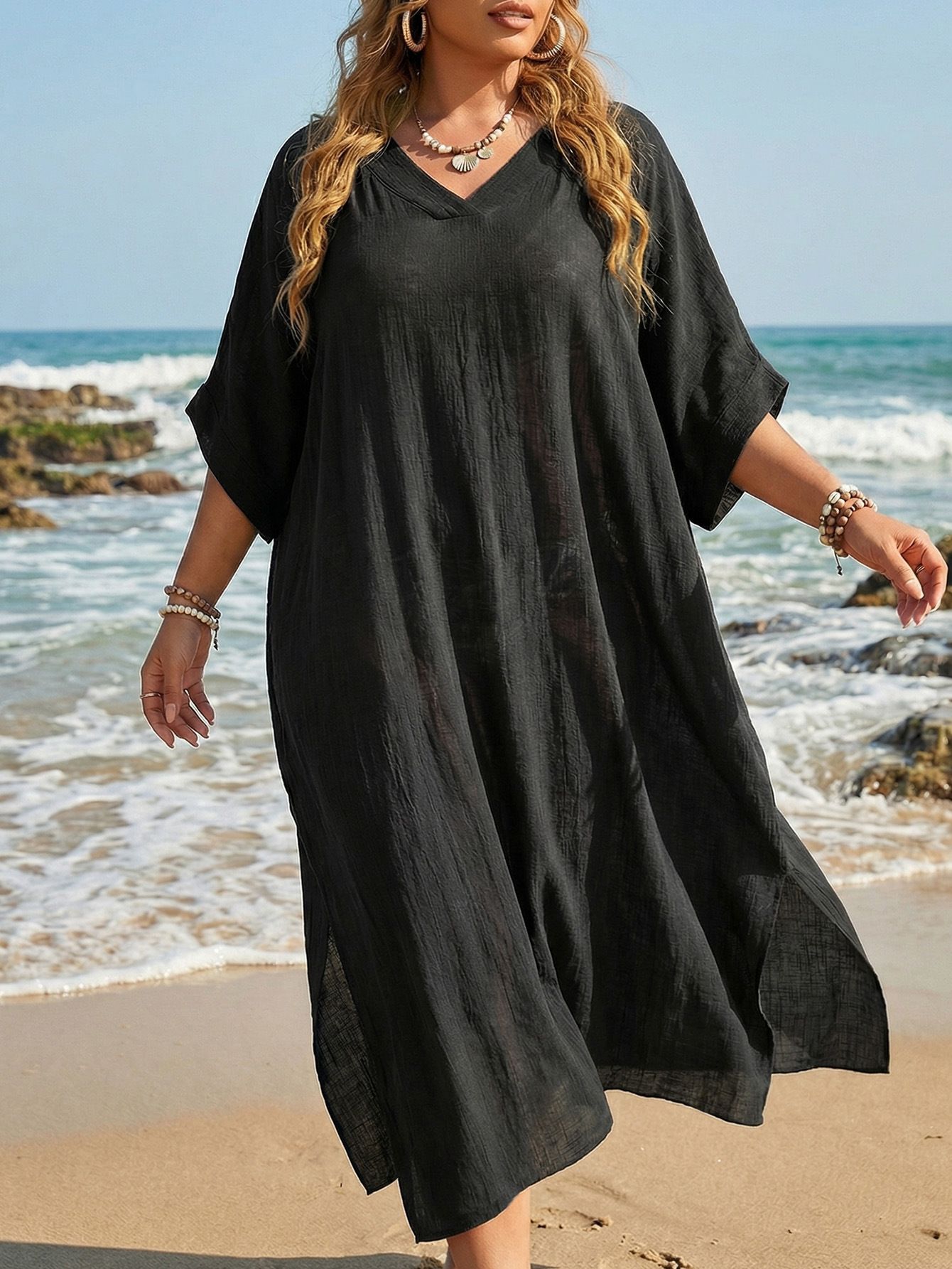 Beach Cover-Up Plus Size Women's Summer V-Neck Loose Casual Dress Split Floor-Length Beach Dress