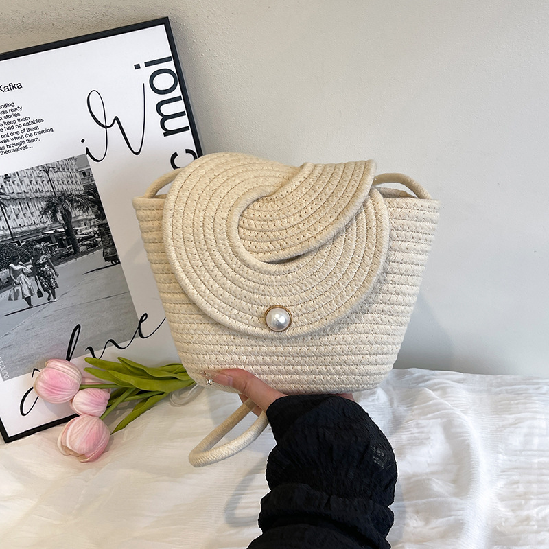 Small fresh pearl flap bag crossbody cotton rope woven bag casual shoulder straw bag mini beach bag women's bag