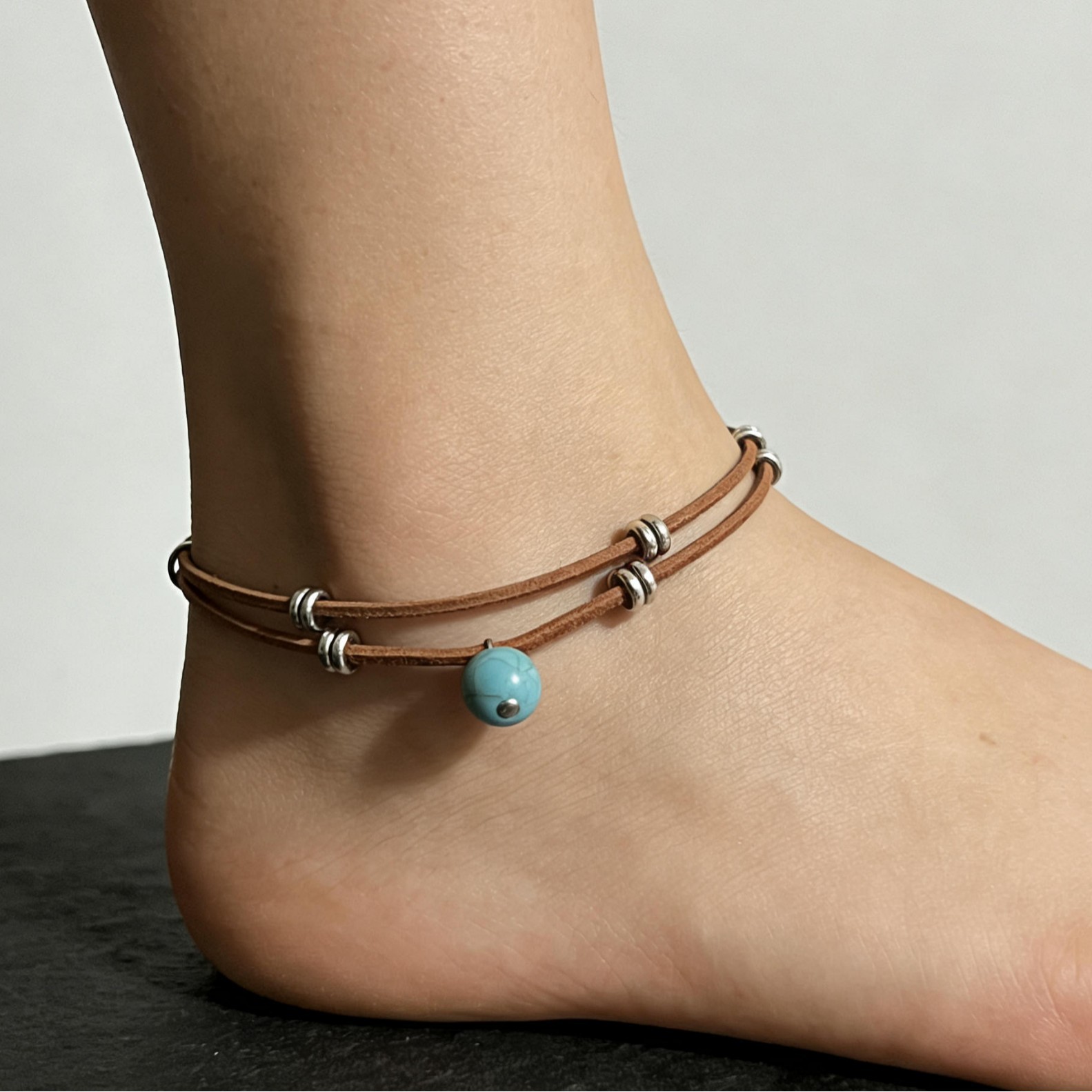 Rongshang Accessory Double-Layer Turquoise Anklet Bohemian Style Beach Ankle Wearing Ankle Ornament