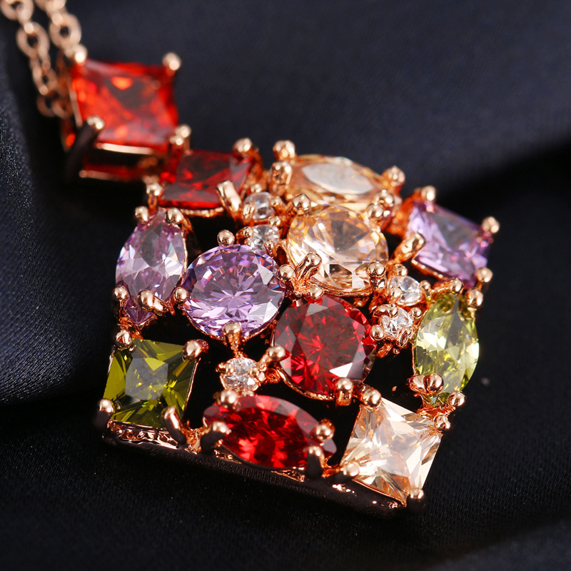 Mona Lisa square pendant necklace copper set colorful zircon gorgeous jewelry