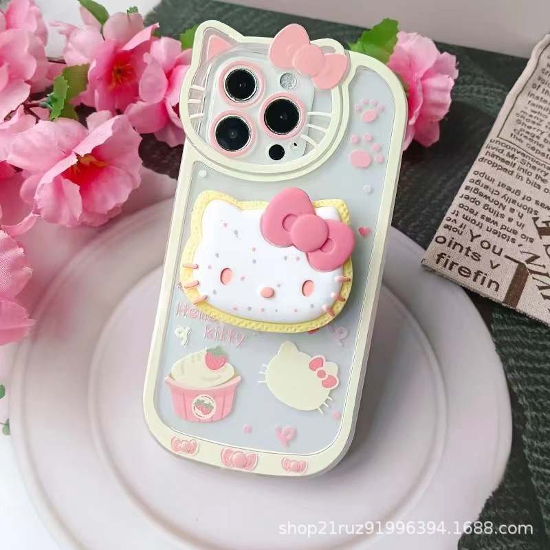 KT cat with stand 17 phone case iPhone 13 cartoon soft case Apple 12 phone 15 Pro protective case 16