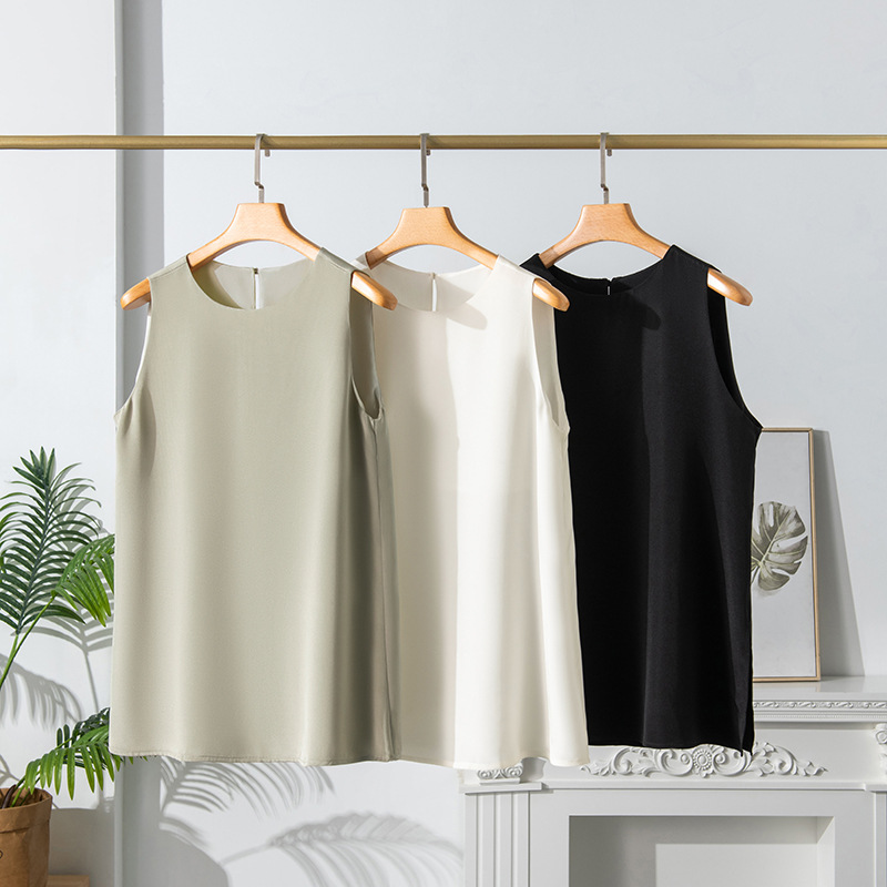 Summer Sleeveless Heavyweight Silk Vest for Women Double Layer New Base Black Camisole Mulberry Silk Commute Round Neck Top