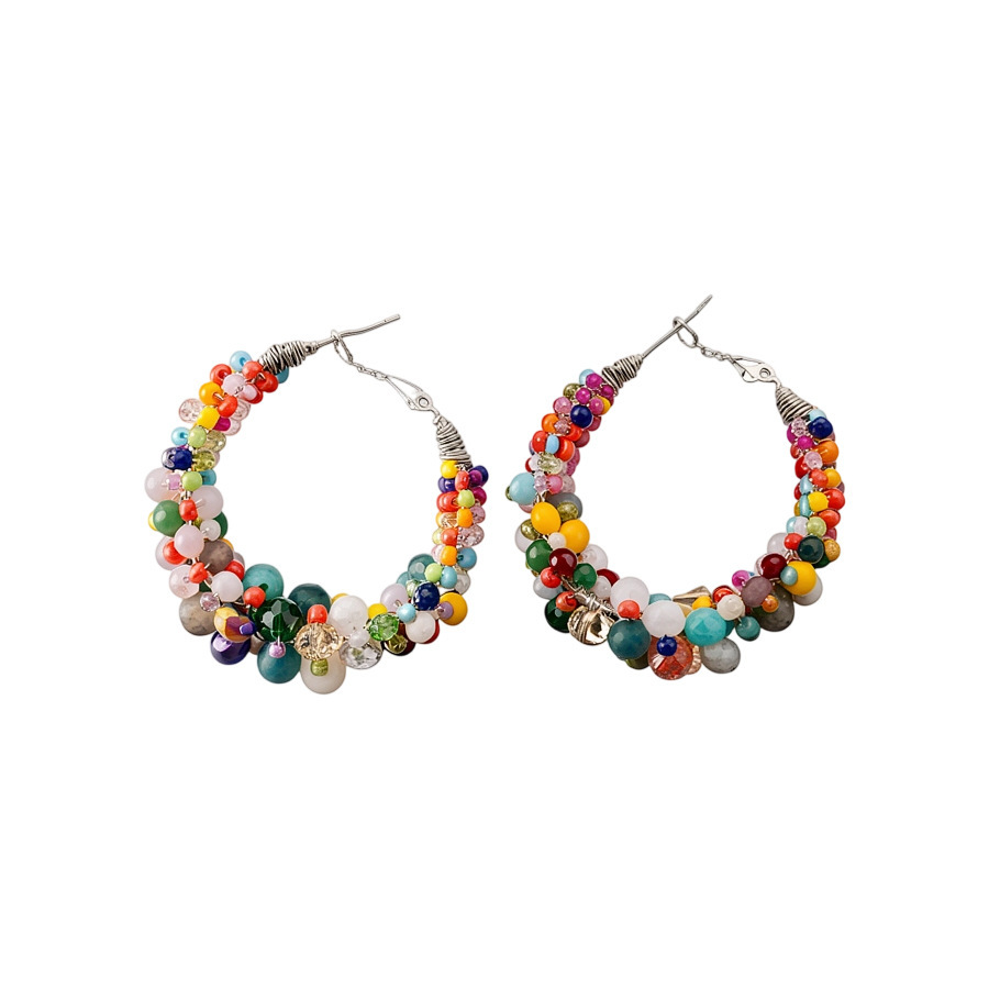 Bohemian Style Colorful Crystal Beaded Big Hoop Earrings Women Sweet Candy Color Rice Bead Wrapped Exaggerated Earrings
