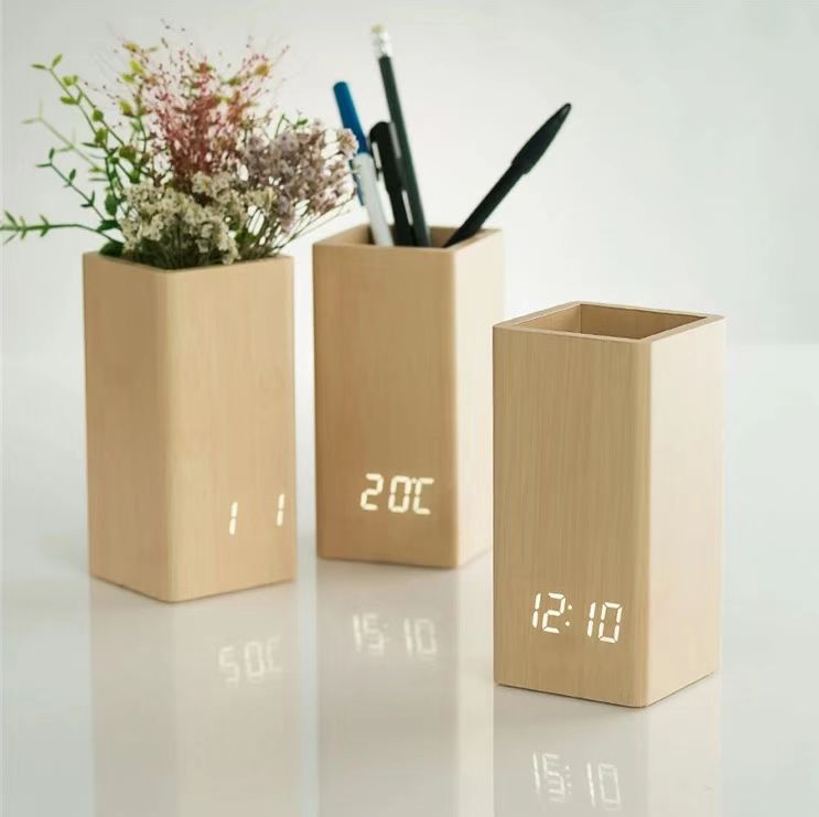 Pen Holder Clock LED Electronic Clock Student Stationery Desktop Alarm Clock Voice Control Perpetual Calendar Electronic Clock Thermometer