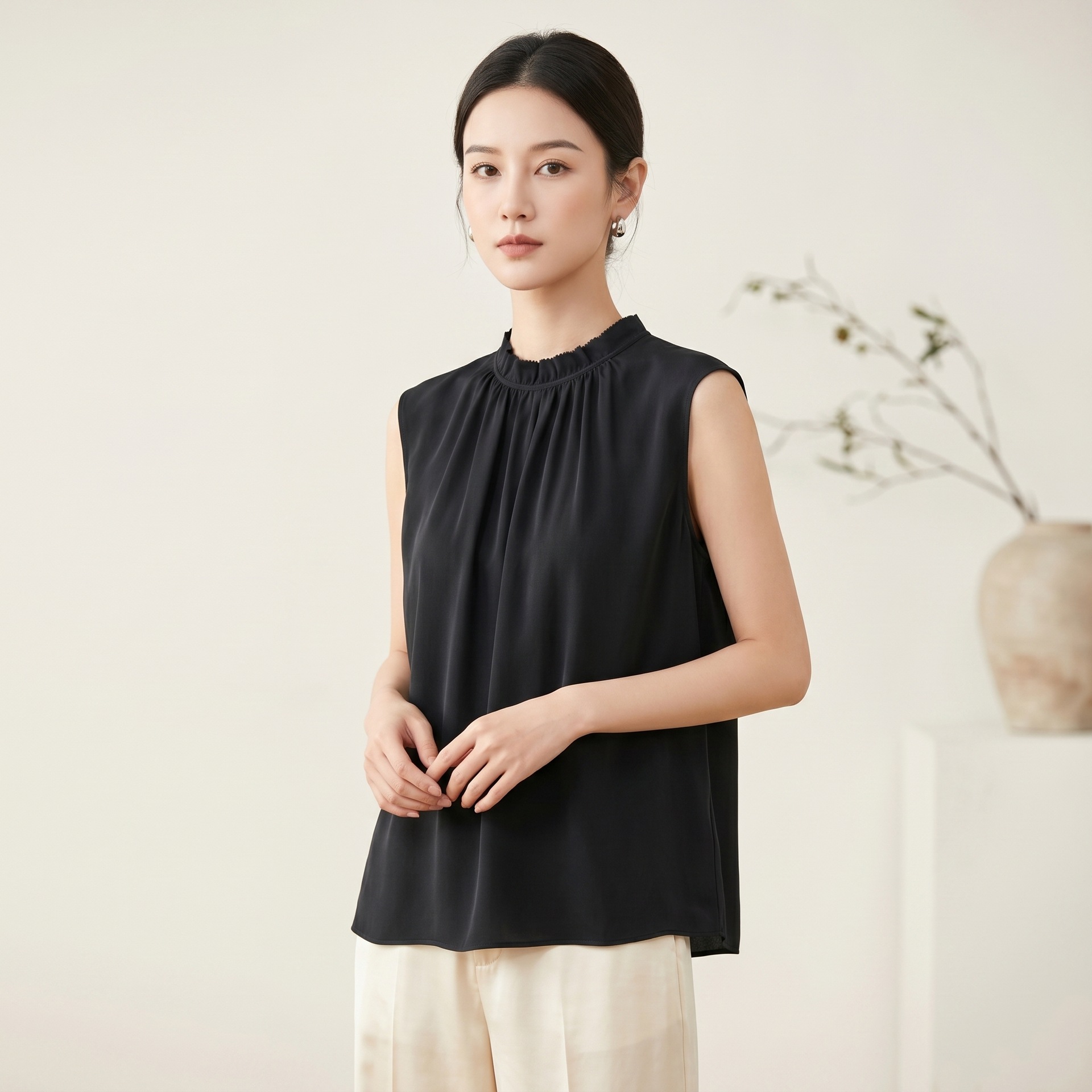 New Satin Mulberry Silk T-Shirt for Women Summer Commute Ruffled Sleeveless Vest Top Mid-Length