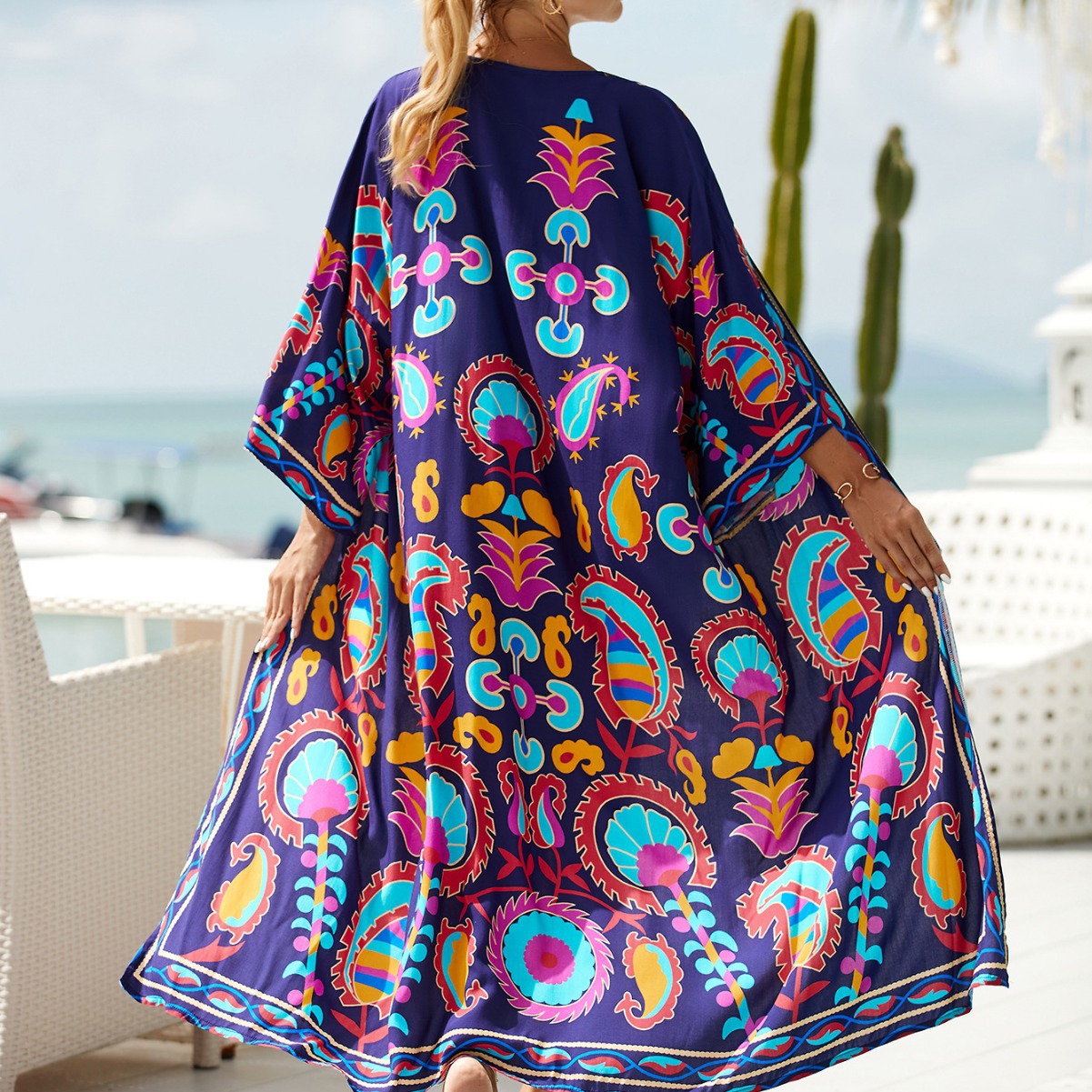 2023 New Rayon Printed Beach Jacket Sexy Sun Protection Cardigan Vacation Bikini Outer Cover Up Women