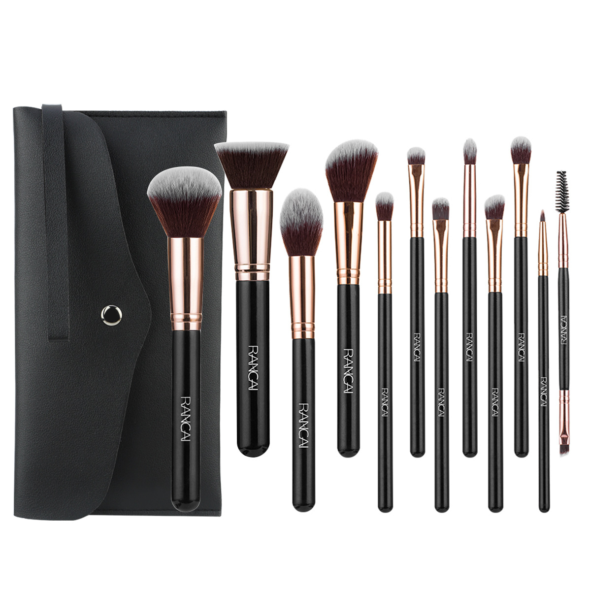 12 Pieces Black PU Zipper Bag Makeup Brush Set Soft Loose Powder Foundation Brush Eyeshadow Brush Makeup Tool