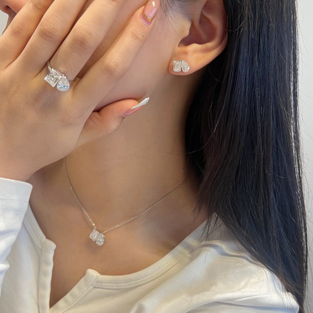 Moissanite S925 sterling silver ring earrings necklace for women, twin teardrop sugar cube D color exquisite flash women's three-piece set