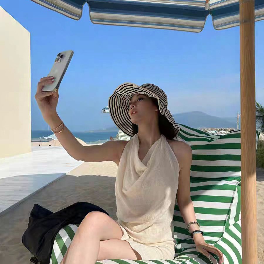Striped Wide Brim Fisherman Hat for Women, Autumn, Foldable Casual Sun Hat, Outdoor Sun Protection Hat