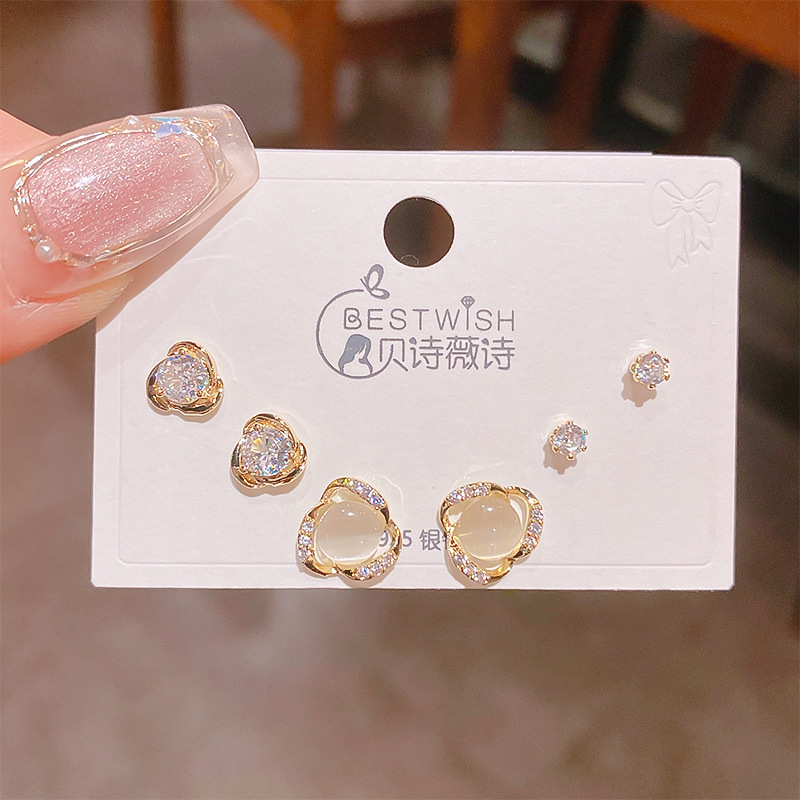2025 silver needle thick gold electroplated exquisite zircon small earrings 6-piece set three pairs, wind earring accessories