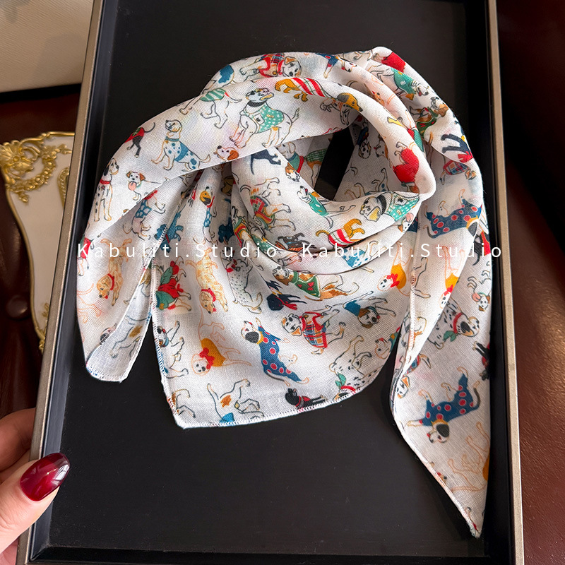 Spring/summer/autumn cotton linen square scarf cartoon dog head scarf multifunctional outdoor neck protection sun protection scarf