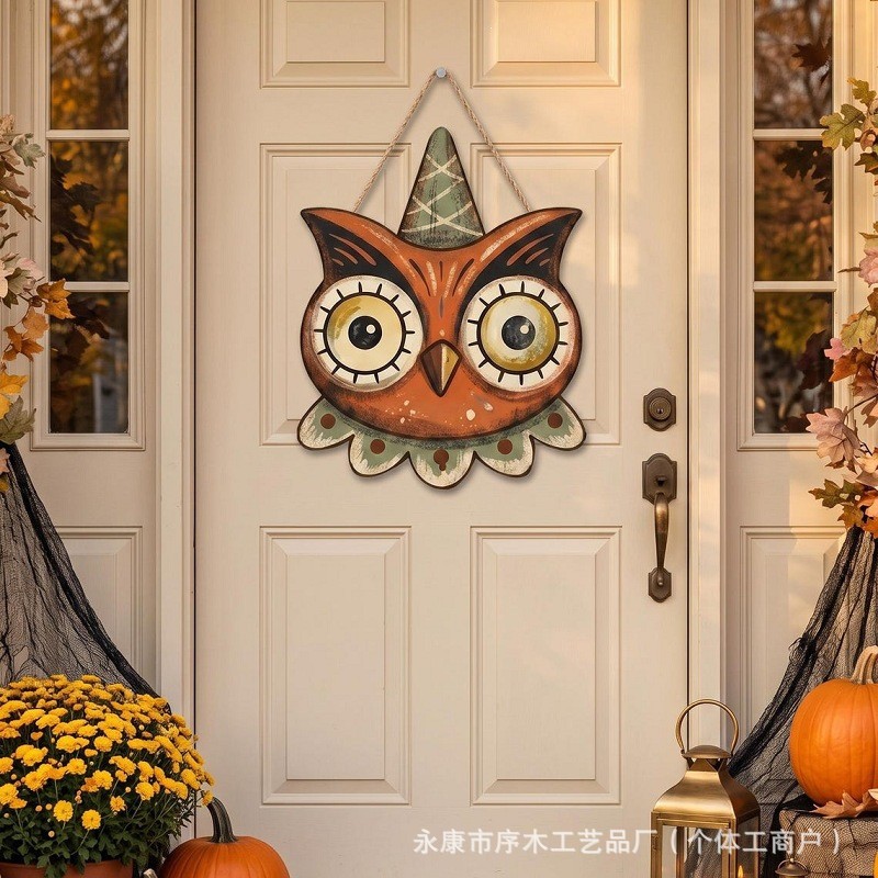 Halloween Wooden Home Door Sign Hanging Decoration Ghost Black Cat Pumpkin Owl Home Craft Gift